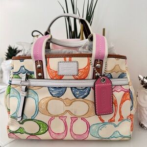 NWOT! Coach Multicolor Scribble Signature Satchel with Pink Accents